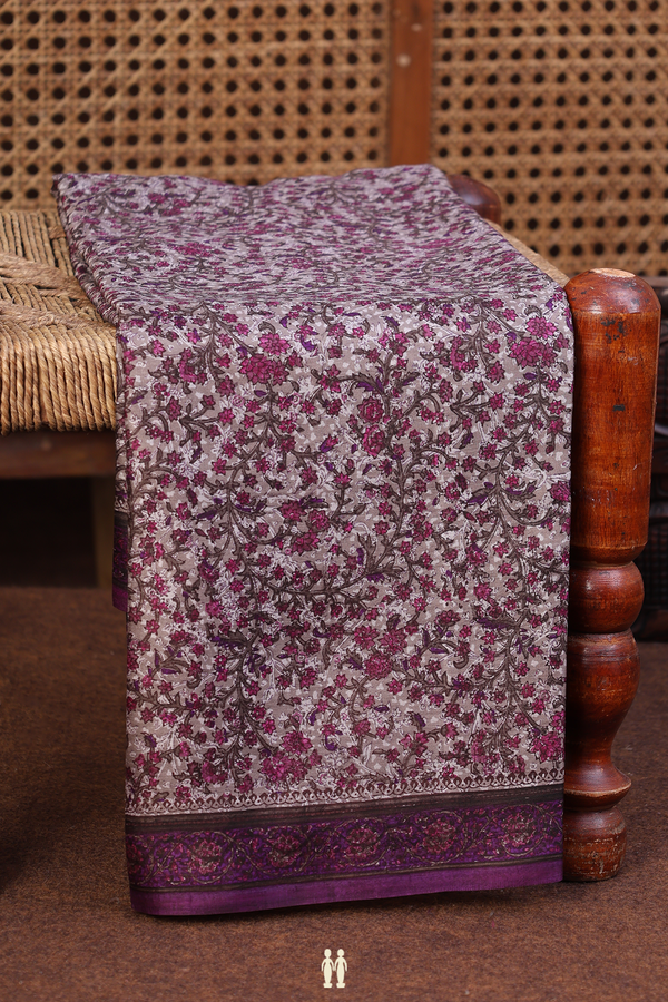 Printed Silk Saree In Dusty Grey With Floral Design
