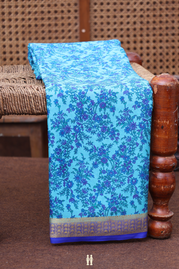 Printed Silk Saree In Blue With Floral Design