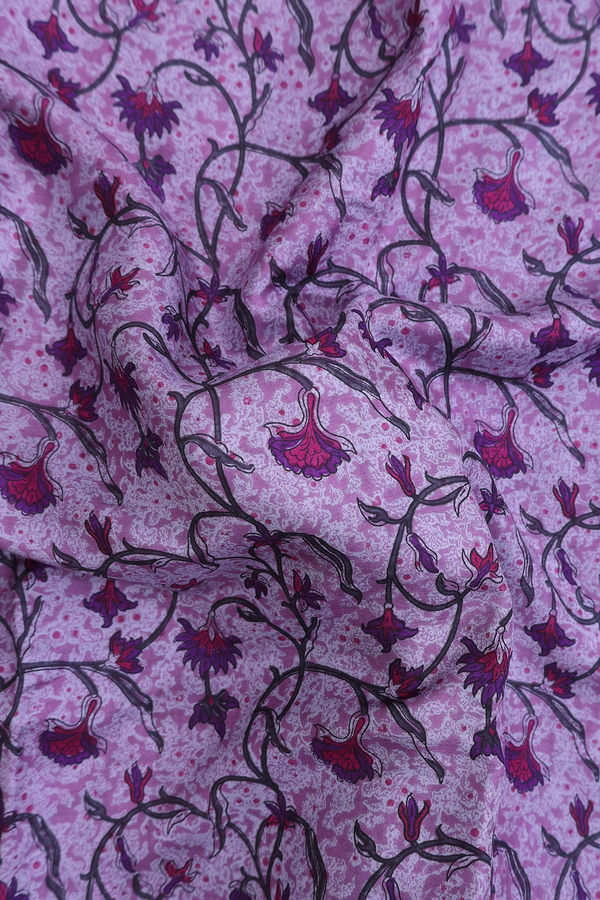 Printed Silk Saree In Dusty Purple With Floral Design