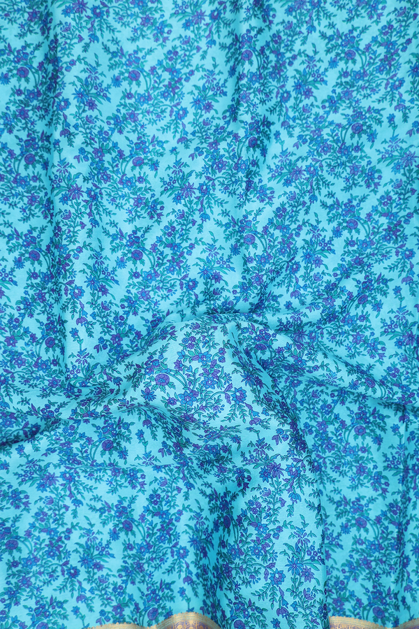 Printed Silk Saree In Blue With Floral Design