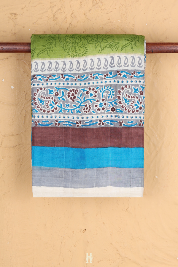 Printed Silk Saree In Fern Green With Floral Design