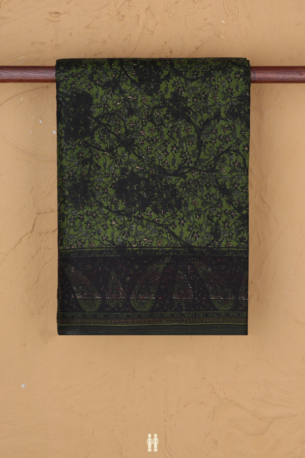 Printed Silk Saree In Fern Green With Floral Design