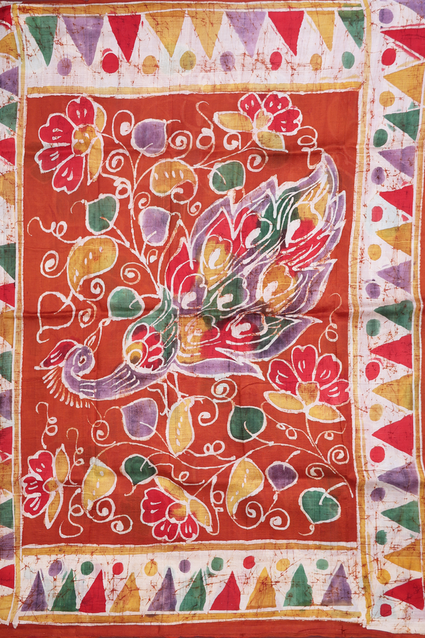 Printed Silk Saree In Ginger Orange With Allover Design