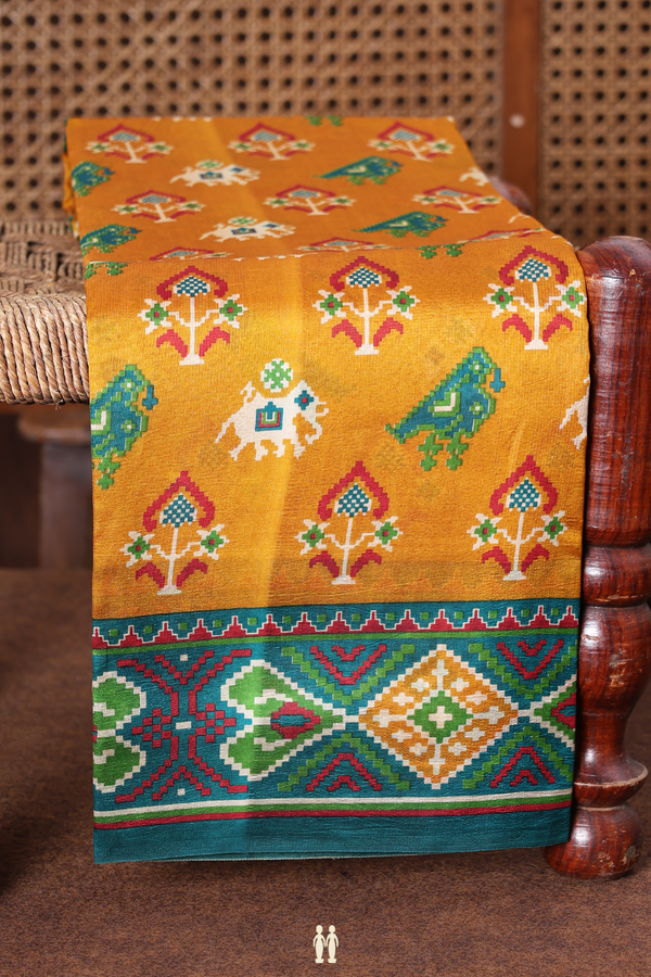 Printed Silk Saree In Golden Brown With Ikat Design