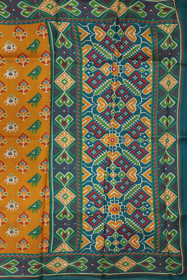 Printed Silk Saree In Golden Brown With Ikat Design
