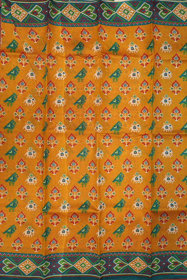 Printed Silk Saree In Golden Brown With Ikat Design