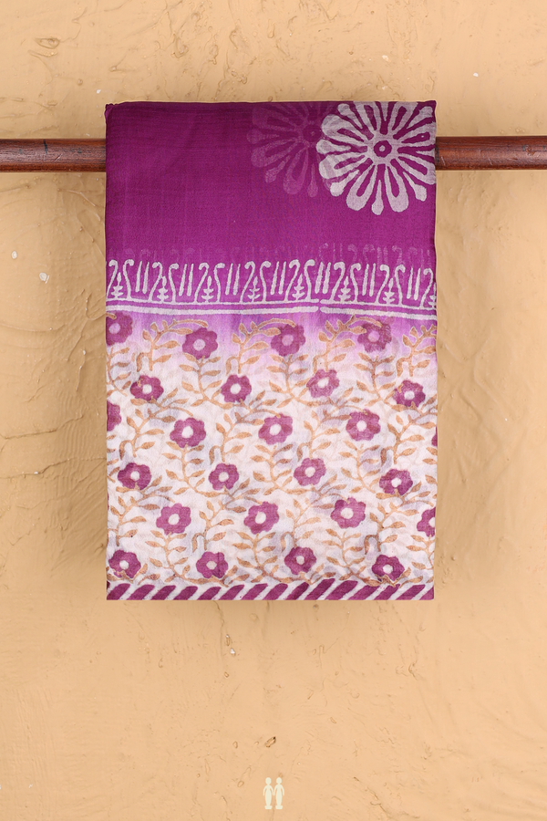 Printed Silk Saree In Grape Purple With Floral Design
