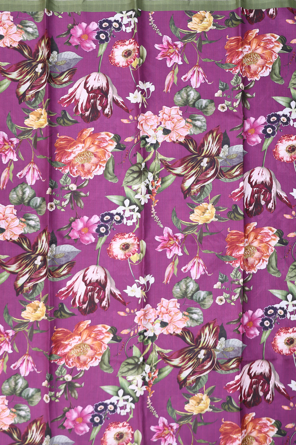 Printed Silk Saree In Grape Purple With Floral Design