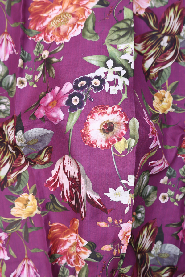 Printed Silk Saree In Grape Purple With Floral Design