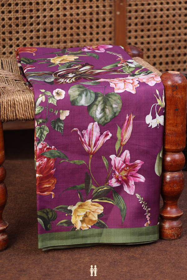 Printed Silk Saree In Grape Purple With Floral Design