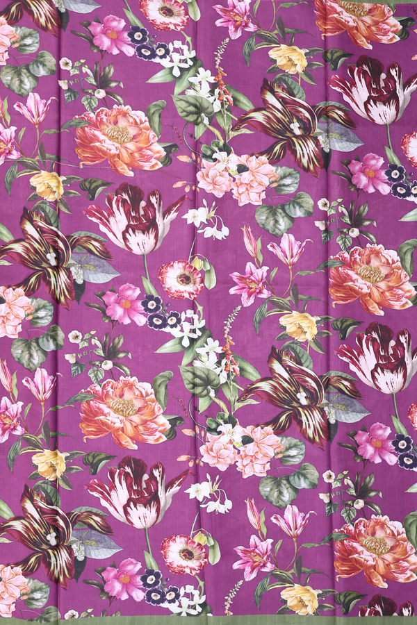Printed Silk Saree In Grape Purple With Floral Design