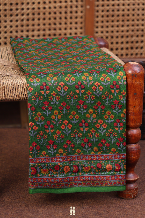 Printed Silk Saree In Green With Floral Design