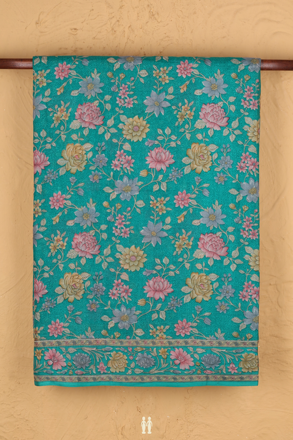 Printed Silk Saree In Green With Floral Design
