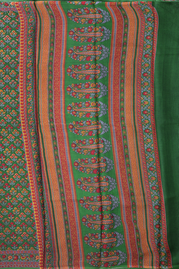 Printed Silk Saree In Green With Floral Design