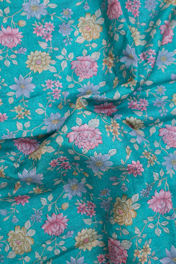 Printed Silk Saree In Green With Floral Design