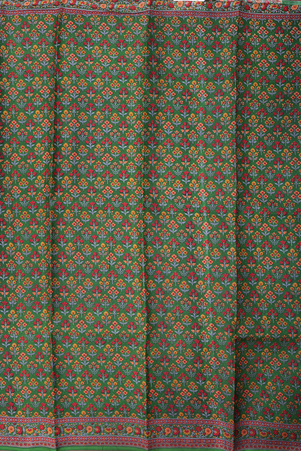 Printed Silk Saree In Green With Floral Design