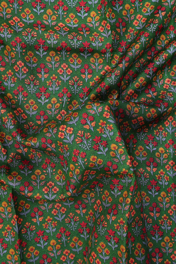 Printed Silk Saree In Green With Floral Design