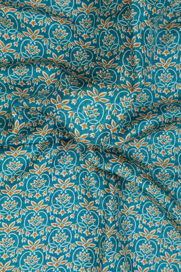 Printed Silk Saree In Green With Floral Design