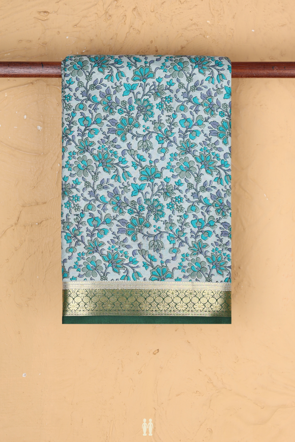 Printed Silk Saree In Green With Floral Design