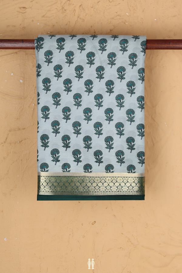 Printed Silk Saree In Greenish Grey With Floral Design