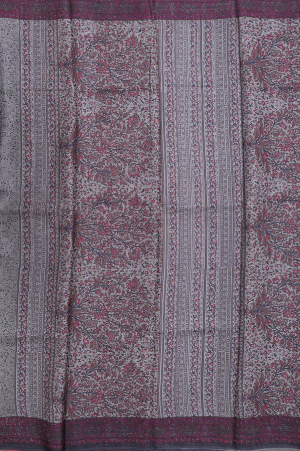 Printed Silk Saree In Greenish Grey With Floral Design