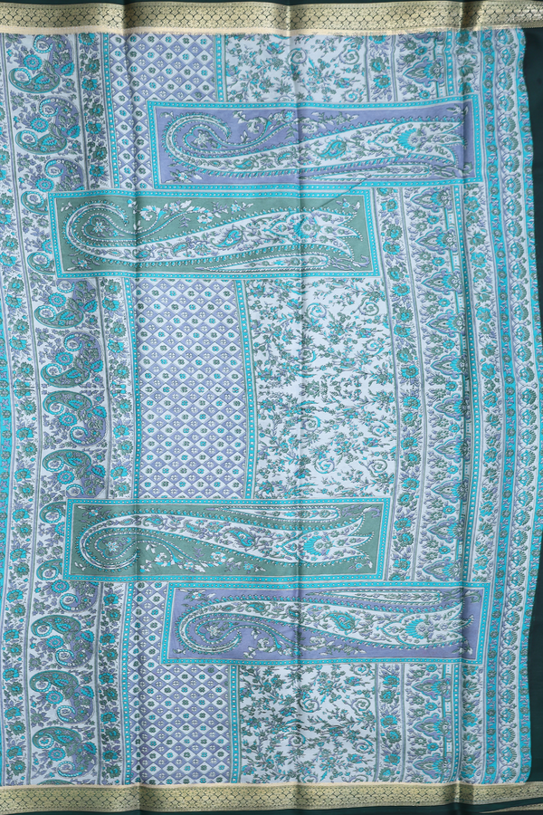 Printed Silk Saree In Greenish Grey With Floral Design