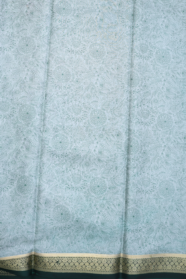 Printed Silk Saree In Greenish Grey With Floral Design