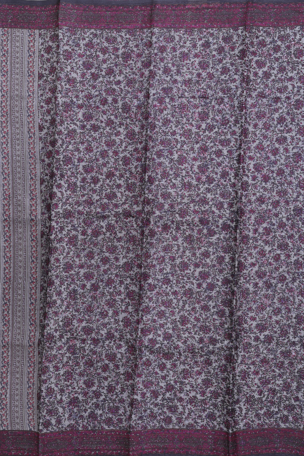 Printed Silk Saree In Greenish Grey With Floral Design