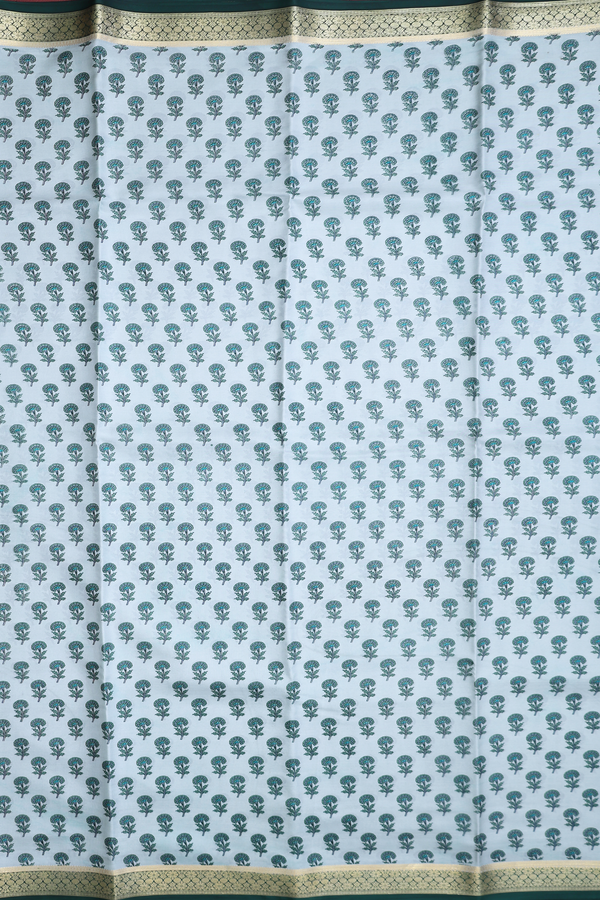 Printed Silk Saree In Greenish Grey With Floral Design