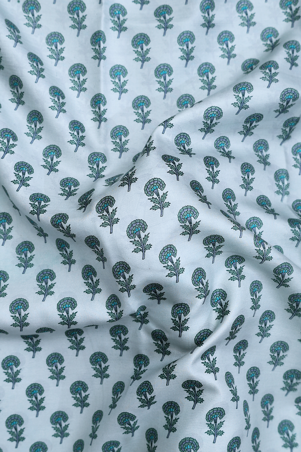 Printed Silk Saree In Greenish Grey With Floral Design
