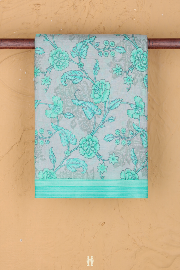 Printed Silk Saree In Grey With Floral Design