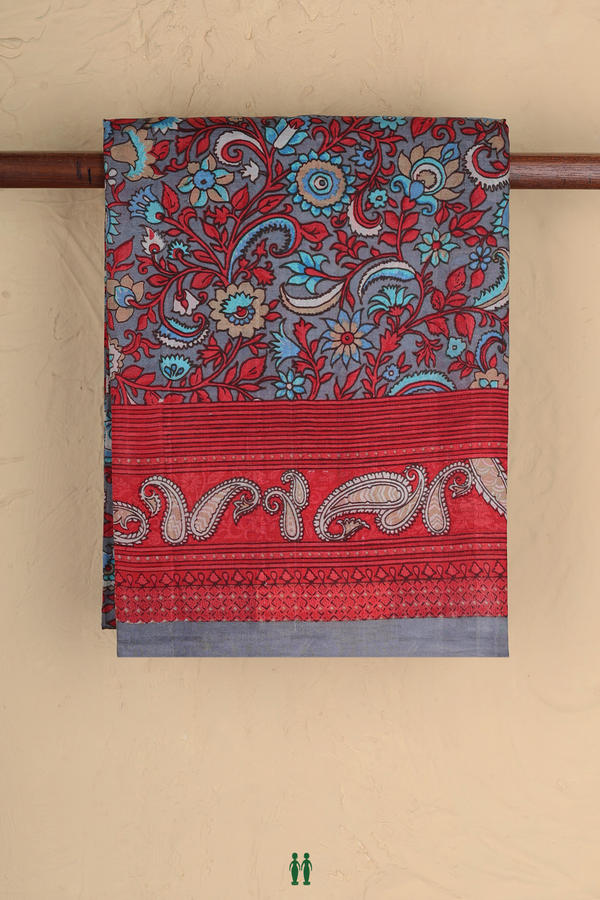 Printed Silk Saree In Grey With Floral Design