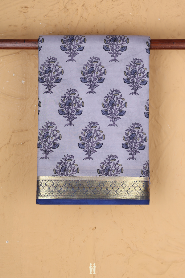 Printed Silk Saree In Steel Grey With Floral Design