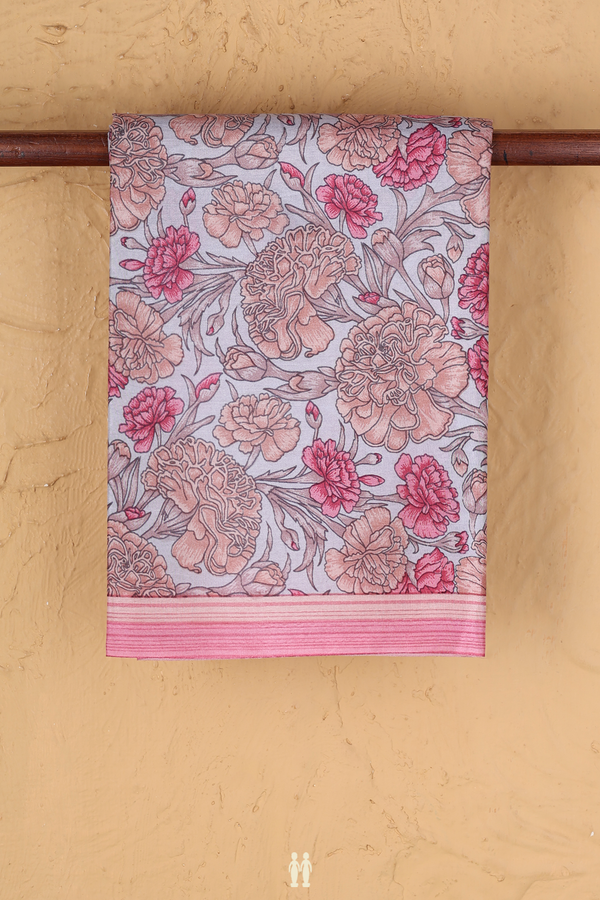 Printed Silk Saree In Grey With Floral Design