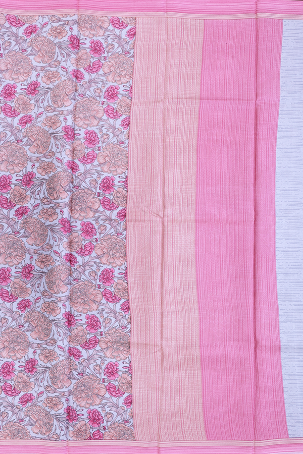 Printed Silk Saree In Grey With Floral Design