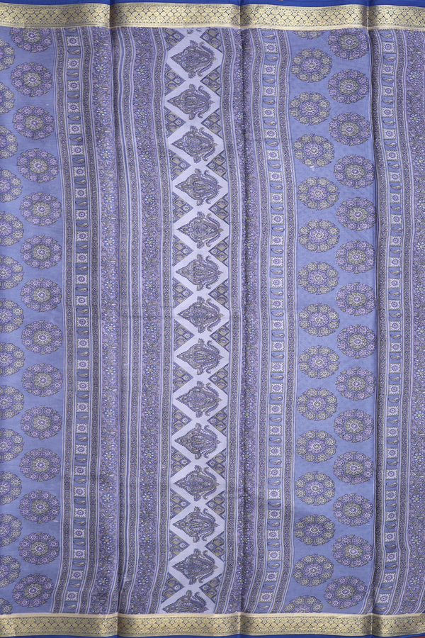 Printed Silk Saree In Steel Grey With Floral Design