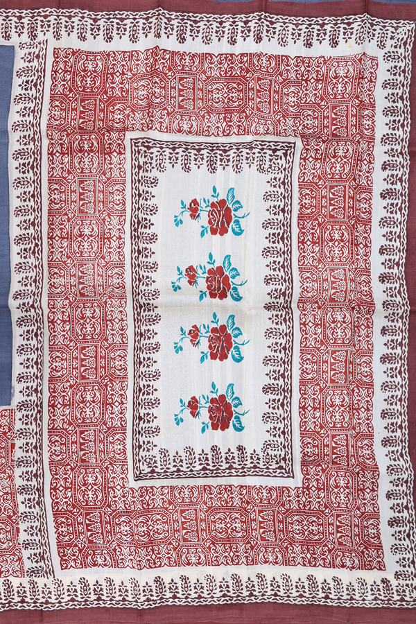 Printed Silk Saree In Grey With Floral Design