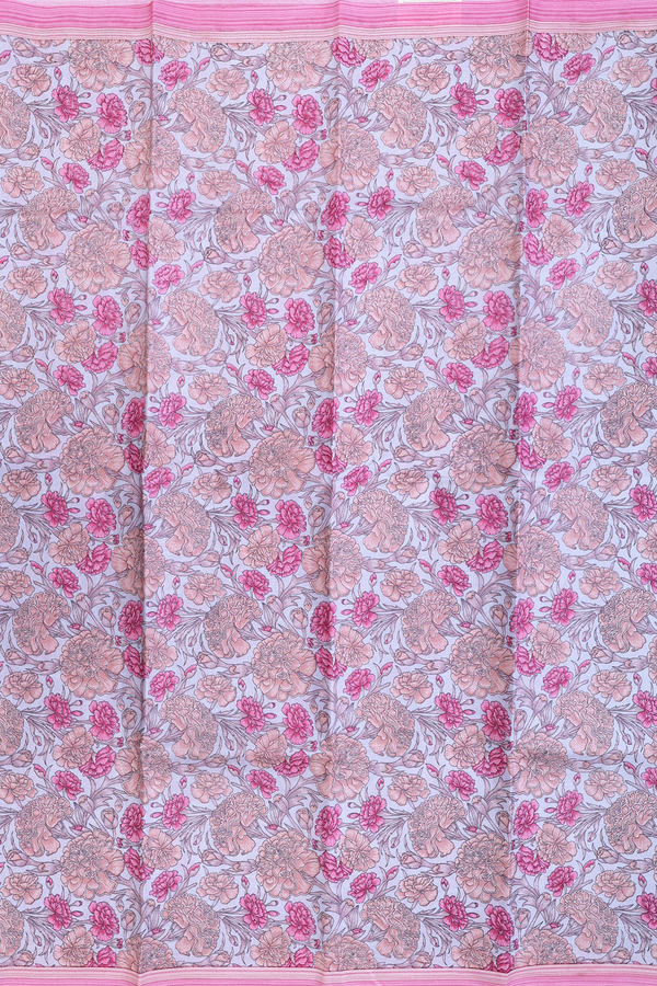 Printed Silk Saree In Grey With Floral Design