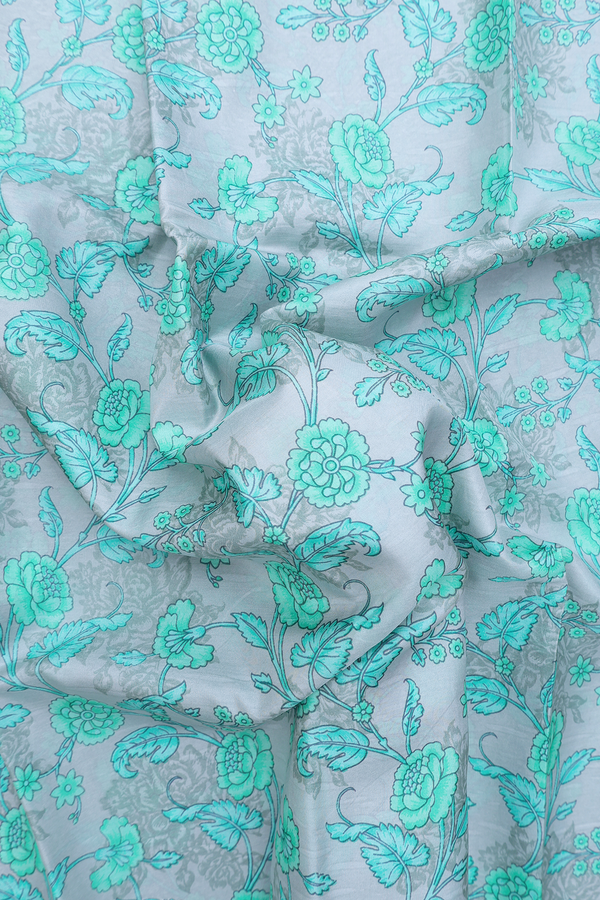 Printed Silk Saree In Grey With Floral Design