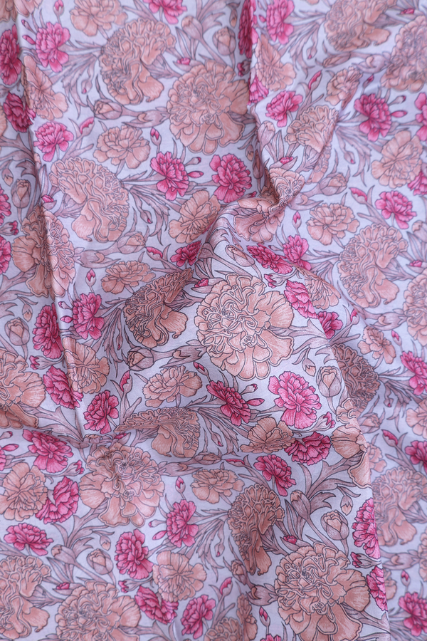 Printed Silk Saree In Grey With Floral Design