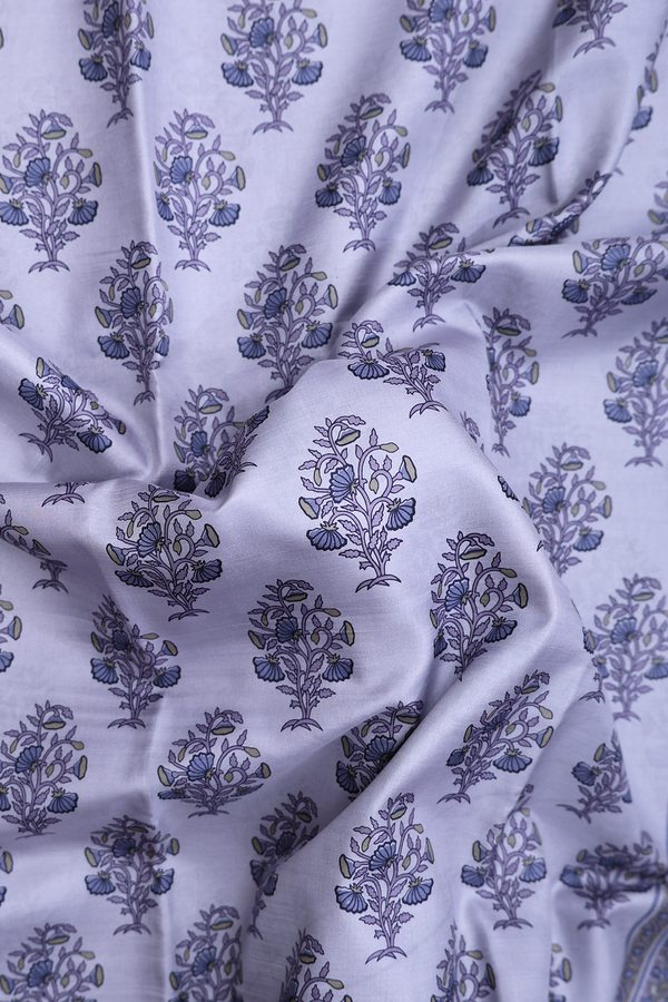 Printed Silk Saree In Steel Grey With Floral Design
