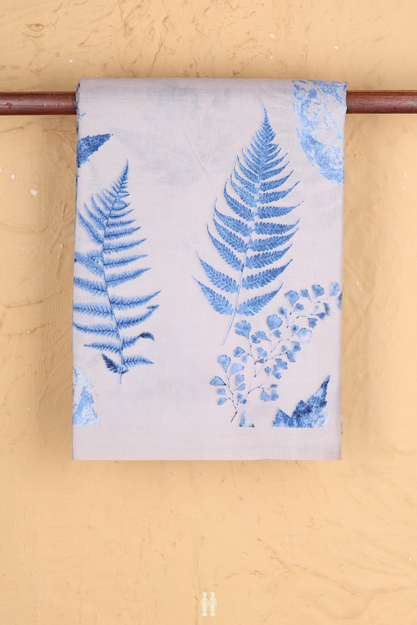 Printed Silk Saree In Grey With Leaf Design