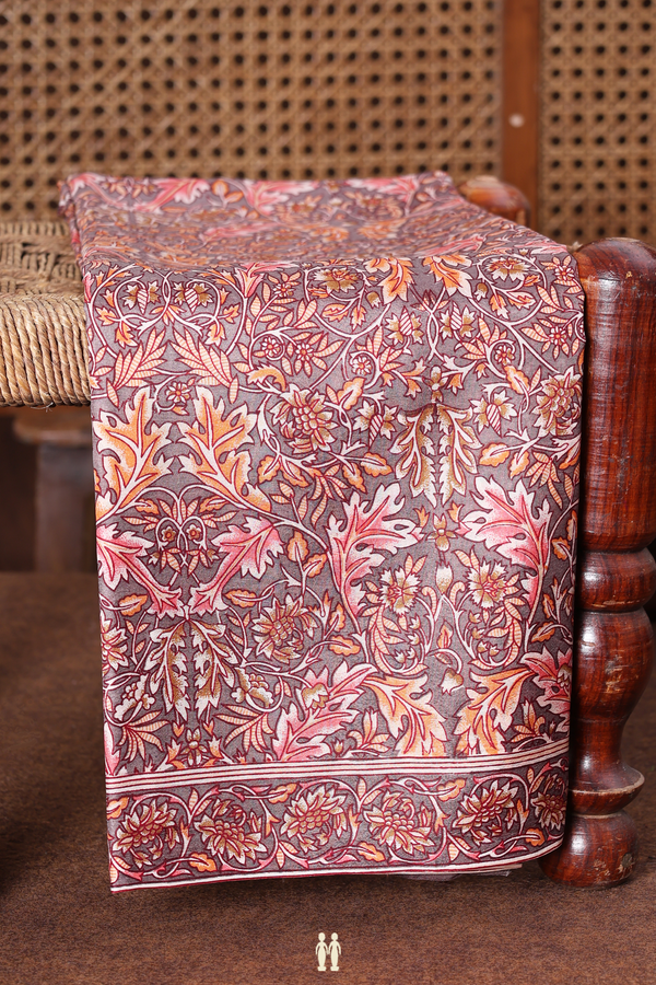 Printed Silk Saree In Cocoa Brown With Leaf Design