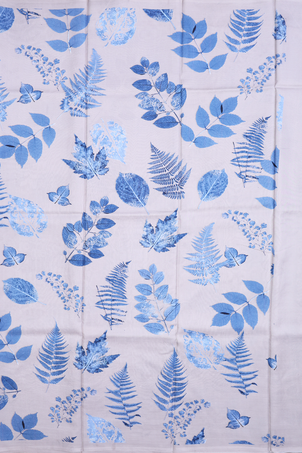 Printed Silk Saree In Grey With Leaf Design
