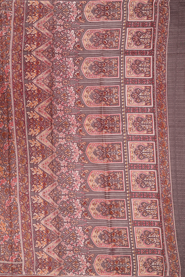 Printed Silk Saree In Cocoa Brown With Leaf Design