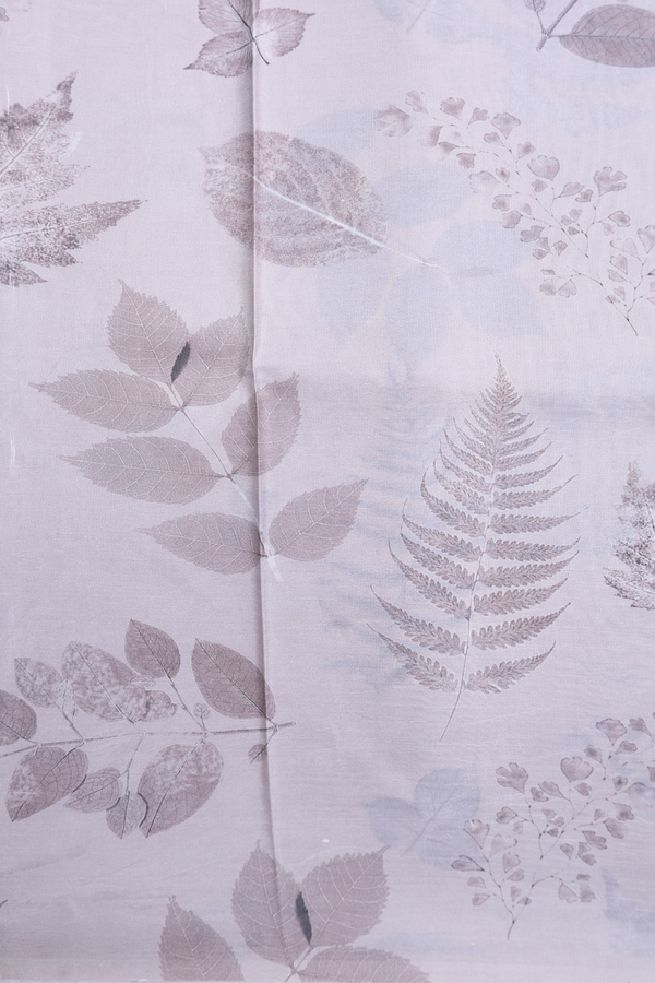 Printed Silk Saree In Grey With Leaf Design