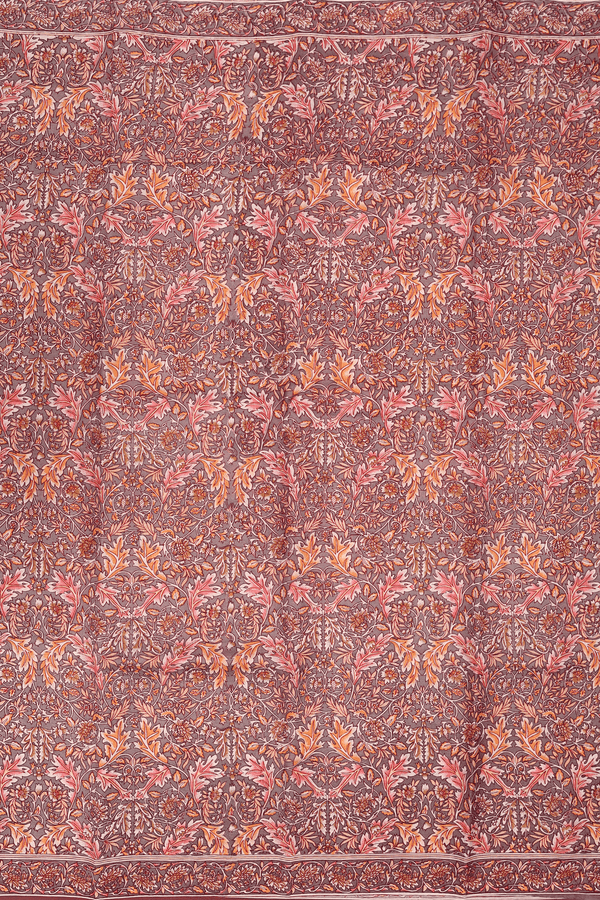Printed Silk Saree In Cocoa Brown With Leaf Design