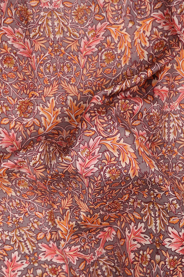 Printed Silk Saree In Cocoa Brown With Leaf Design