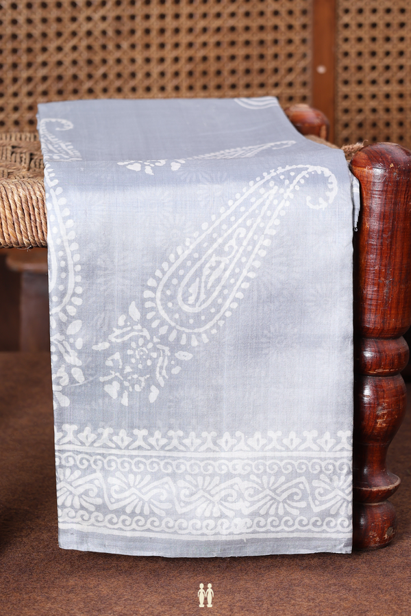 Printed Silk Saree In Grey With Paisley Design