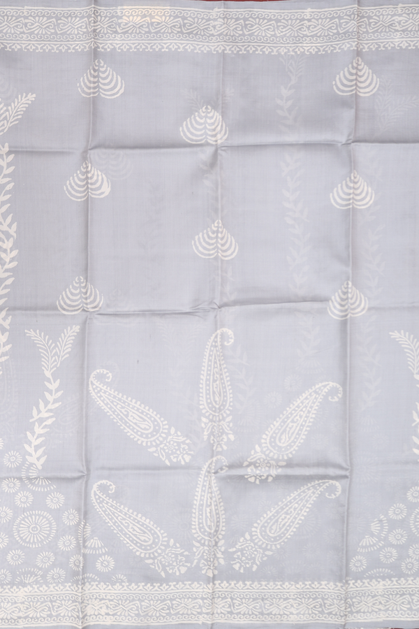 Printed Silk Saree In Grey With Paisley Design